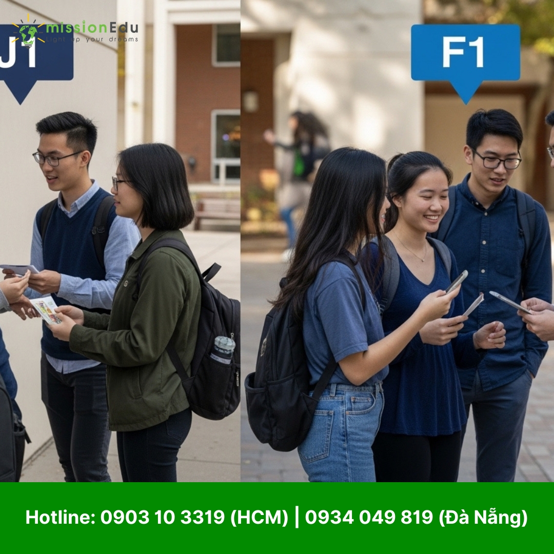 Hai nhóm sinh viên châu Á tại khuôn viên trường đại học, một nhóm dán nhãn 'J1' đang trao đổi tài liệu gần bảng thông báo, nhóm còn lại dán nhãn 'F1' đang tương tác với điện thoại thông minh. Hình ảnh minh họa sự khác biệt giữa hai loại visa du học J1 và F1 cho học sinh cấp 3 tại Mỹ.