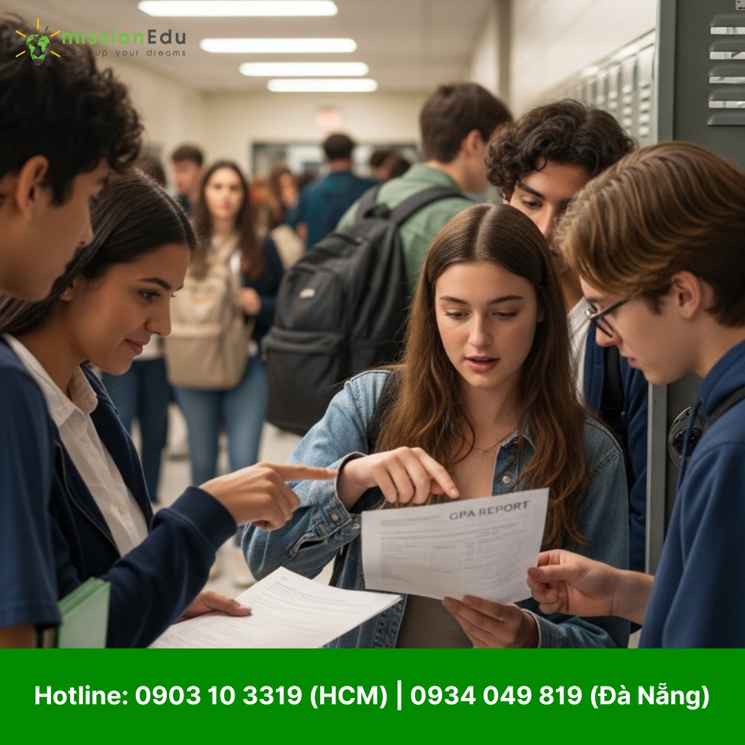 Một nhóm năm học sinh cấp 3 đang tụ tập trong hành lang trường học, chăm chú xem một tờ 'GPA REPORT'. Một nữ sinh mặc áo khoác bò đang chỉ vào tài liệu, trong khi các bạn khác lắng nghe và nhìn vào bảng điểm. Phía sau là dãy tủ khóa và các học sinh khác di chuyển, tạo bối cảnh bận rộn của trường học, nhấn mạnh tầm quan trọng của điểm GPA trong học tập.