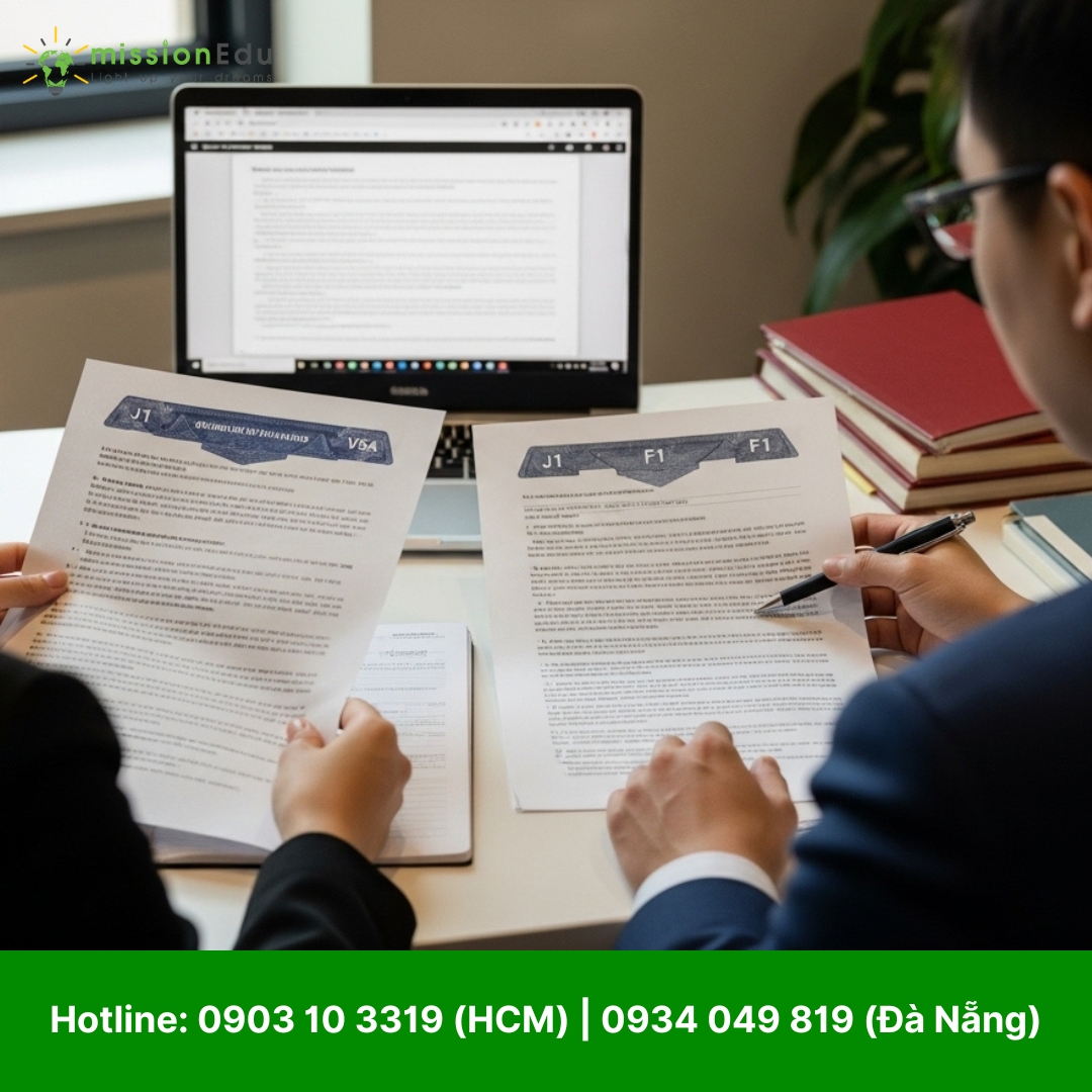 Hai người đang xem xét kỹ lưỡng các tài liệu xin visa J1 và F1 trên bàn làm việc, với một chiếc laptop và sách ở phía sau. Người đàn ông mặc vest đeo kính đang dùng bút chỉ vào tài liệu visa F1, còn người phụ nữ cầm tài liệu visa J1. Bối cảnh văn phòng này minh họa cho quá trình chuẩn bị hồ sơ và chiến lược chuyển đổi visa du học từ J1 sang F1 để du học cấp 3 tại Mỹ.