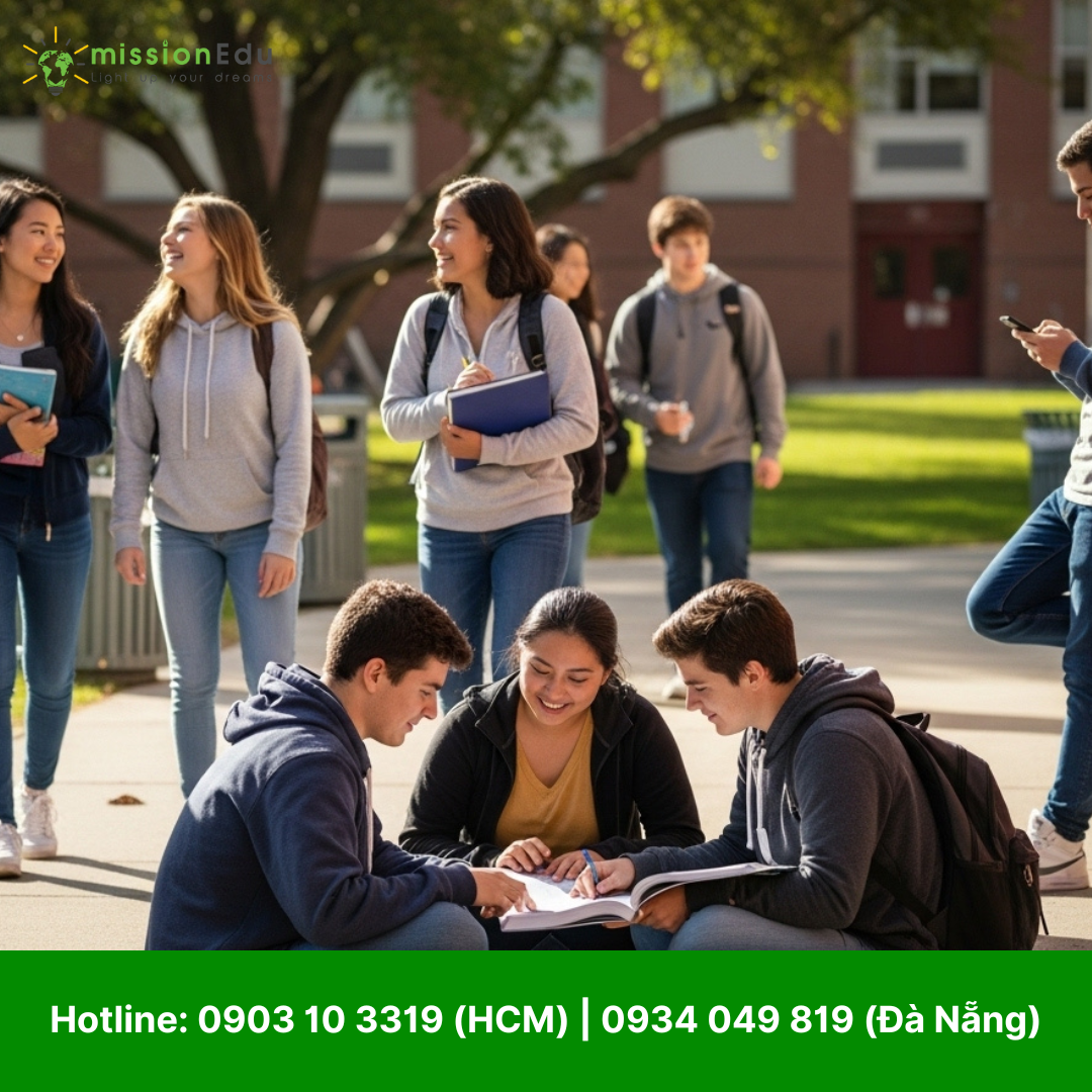 Một nhóm học sinh trung học đa sắc tộc đang tương tác trong khuôn viên trường học ở Mỹ vào một ngày nắng đẹp. Ba học sinh đang đi bộ và trò chuyện vui vẻ, một nhóm khác gồm ba học sinh ngồi dưới đất cùng nhau học bài và thảo luận từ một cuốn sách mở, và một học sinh nam khác đang đứng tựa vào hàng tủ khóa màu đỏ, sử dụng điện thoại di động. Hình ảnh thể hiện sự năng động, học thuật và giao lưu xã hội của môi trường học đường tại Mỹ, rất phù hợp với các điều kiện du học cấp 3 - Điều kiện du học cấp 3 tại Mỹ mới nhất 2026 bạn cần biết