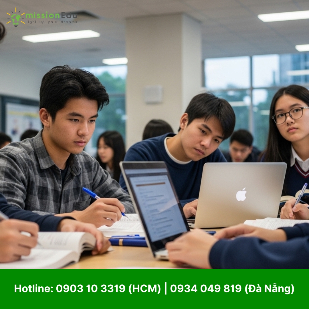 Một nhóm học sinh cấp 3 người châu Á đang chăm chú học bài trong thư viện hoặc phòng học. Ba nam sinh và hai nữ sinh ngồi quanh bàn, một số đang ghi chép vào vở bằng bút, trong khi những người khác sử dụng máy tính xách tay để nghiên cứu. Sách giáo khoa và tài liệu học tập được đặt trên bàn, thể hiện sự tập trung cao độ vào việc chuẩn bị cho các kỳ thi tiêu chuẩn hóa như ELTiS, SSAT, SAT, là yêu cầu tiếng Anh quan trọng khi du học cấp 3 tại Mỹ.