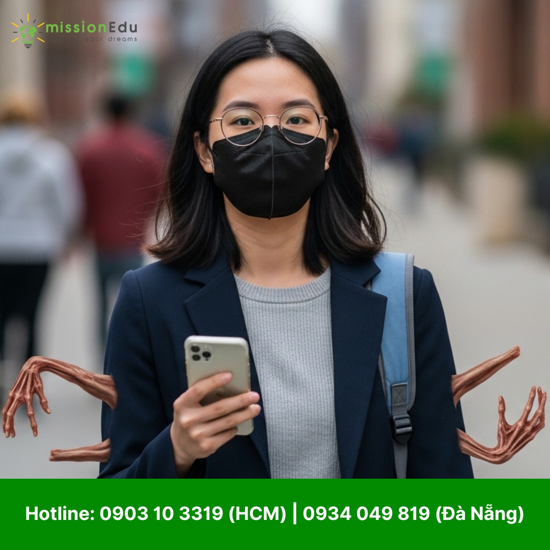 Hình ảnh một phụ nữ trẻ châu Á đeo khẩu trang đen và kính, mặc áo blazer xanh đậm, áo len xám, đang cầm điện thoại di động và nhìn thẳng về phía trước. Hai cánh tay gầy guộc, xương xẩu, có vẻ là tay của quái vật, nhô ra từ phía sau lưng cô ấy, tượng trưng cho những áp lực hoặc gánh nặng vô hình mà du học sinh có thể phải đối mặt, đặc biệt liên quan đến sức khỏe tinh thần. Phía sau là khung cảnh đường phố đô thị với những người đi bộ khác mờ ảo.