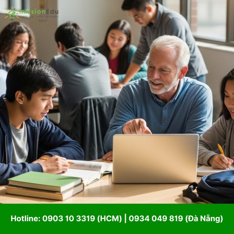 Một giảng viên nam lớn tuổi có râu và tóc bạc đang hướng dẫn hai học sinh cấp 3 người châu Á tại bàn học trong lớp. Giảng viên mặc áo xanh đang chỉ vào màn hình laptop, một học sinh nam mặc áo hoodie xanh đang chú tâm đọc sách và nhìn vào laptop, trong khi một học sinh nữ đang viết vào vở. Bối cảnh là một lớp học hiện đại với nhiều học sinh khác cũng đang học tập, thể hiện sự đồng hành, hỗ trợ cá nhân hóa trong học tập.